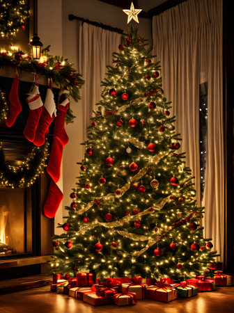 Detailed cinematic HDR K cozy Christmas tree. Generative AI Generatedの素材