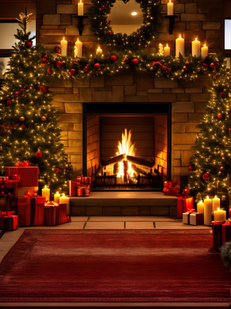 Cozy Xmas hearth detailed cinematic scene HDR K Generative AI Generatedの素材
