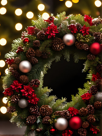 Cozy wreath closeup dark tones plenty of detail cinematic vibe Generative AI Generatedの素材