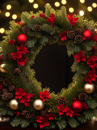 Cozy wreath closeup dark tones plenty of detail cinematic vibe Generative AI Generatedの素材