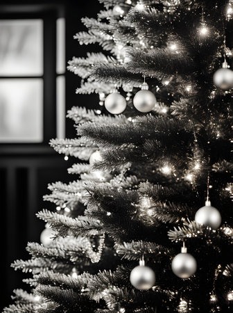 Cozy Xmas tree closeup sunset mono scheme maximum detail cinematic. Generative AI Generatedの素材
