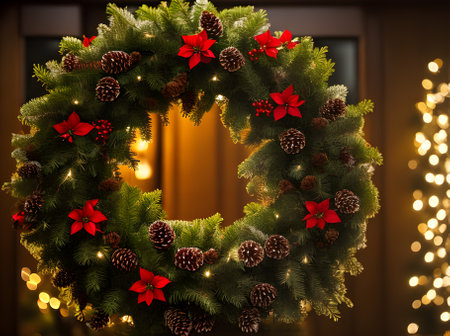 Cozy wreath medium shot dark tones neutral hues full detail cinematic. Generative AI Generatedの素材