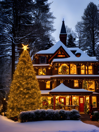 Cozy Xmas home with closeup warm lights vivid colors detailed ambiance Generative AI Generatedの素材