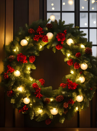 Cozy wreath medium shot dark tones neutral hues full detail cinematic. Generative AI Generatedの素材