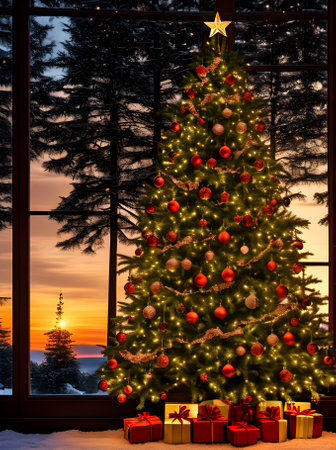 Cozy Xmas tree sunset vintage hues intricate cinematic. Generative AI Generatedの素材