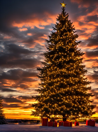 Cozy Xmas tree sunset vintage hues intricate cinematic. Generative AI Generatedの素材