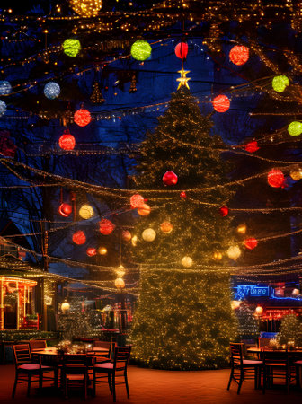 Cozy Xmas ball POV artificial light neon tones detailed cinematic vibe Generative AI Generatedの素材