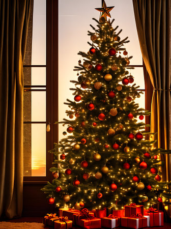 Cozy Xmas tree sunset vintage hues intricate cinematic. Generative AI Generatedの素材