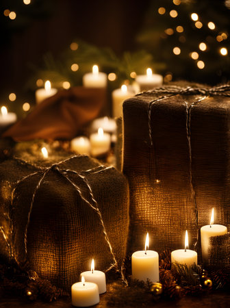 cozy Christmas gifts in a cinematic detailed closeup with dark sepia ton Generative AI Generatedの素材