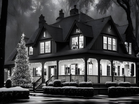 Cozy Xmas house: medium rain BW detailed cinematic Generative AI Generatedの素材