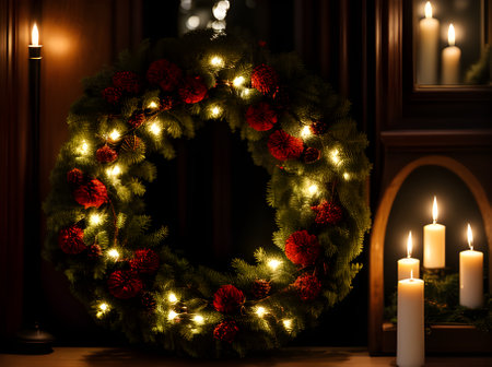 Cozy wreath distant view dim Generative AI Generatedの素材