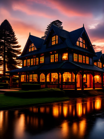 Cozy Christmas home with sunset extreme closeup Generative AI Generatedの素材