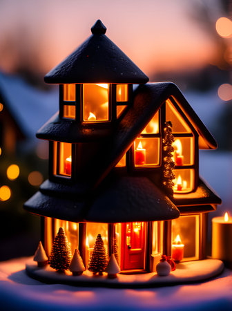 Cozy Christmas ceramic house perfect for candle long shot sunset Generative AI Generatedの素材