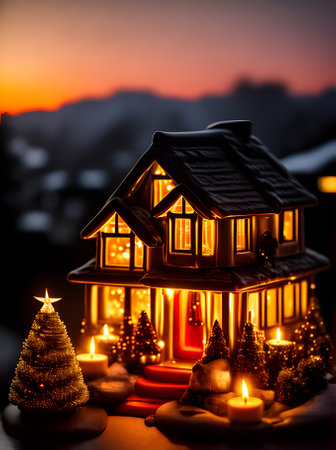 Cozy Christmas ceramic house perfect for candle long shot sunset Generative AI Generatedの素材