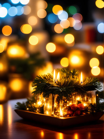 cozy Xmas gifts extreme closeup artificial light. Generative AI Generatedの素材