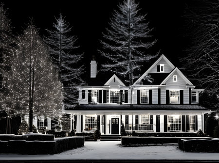 Xmas house: long shot warm lights poster blackwhite scheme. Generative AI Generatedの素材