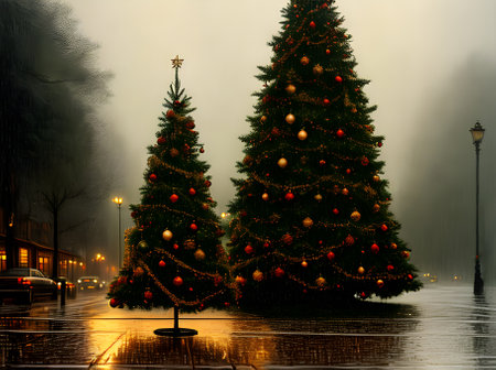 Xmas tree POV rain vintage drawing w vintage colors. Generative AI Generatedの素材