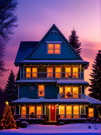 Xmas home with POV sunset view Pantone colors flat. Generative AI Generatedの素材