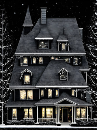 Christmas home with a distant view dim sketch monochrome design. Generative AI Generatedの素材