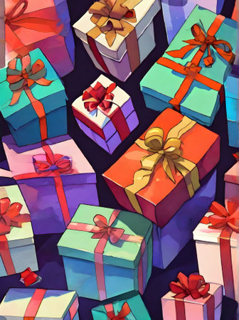 gifts with painted background watercolour and Kodachrome color palette Generative AI Generatedの素材