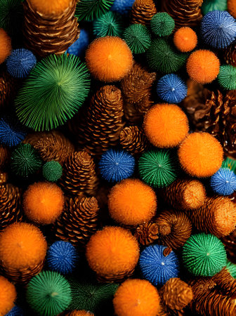 Fir cone on painted background knolling watercolour vintage colors. Generative AI Generatedの素材