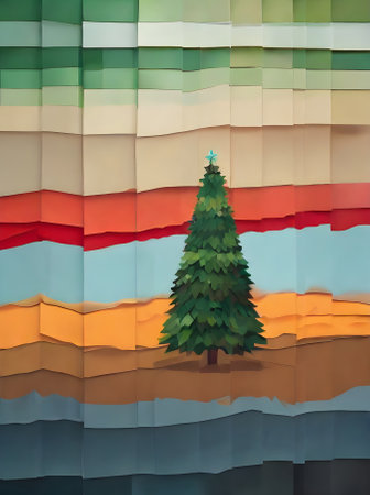 Christmas tree on painted background knolling flat Kodachrome colors. Generative AI Generatedの素材
