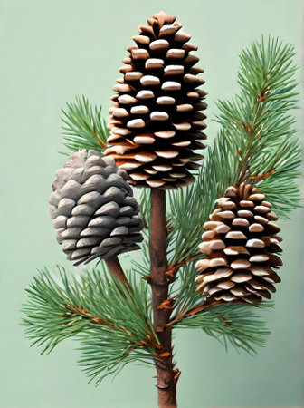Painted background of a fir cone knolling realistic with pastel tones. Generative AI Generatedの素材