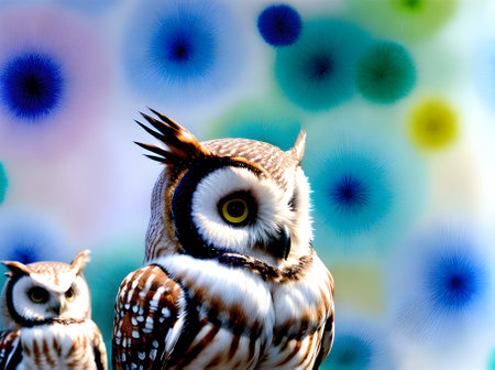 Owls painted on background knolling watercolour with pastel tones Generative AI Generatedの素材