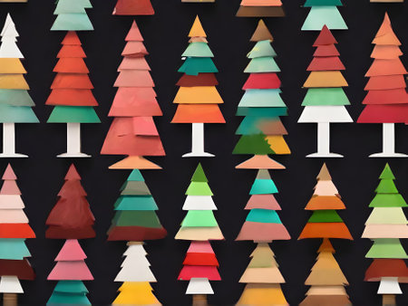 Christmas tree on painted background knolling flat Kodachrome colors. Generative AI Generatedの素材
