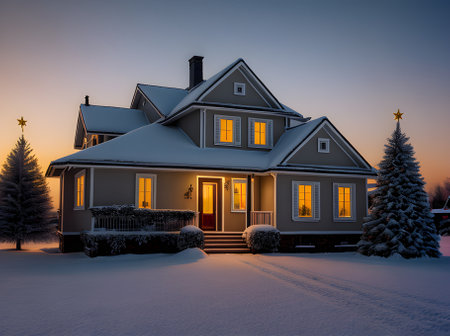 Xmas house closeup sunset oil painting duotone colors. Generative AI Generatedの素材