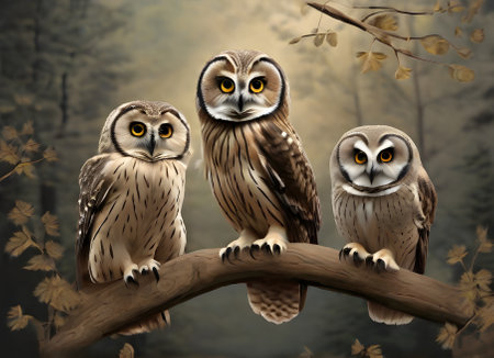 Owls on painted background realistic knolling neutral palette Generative AI Generatedの素材