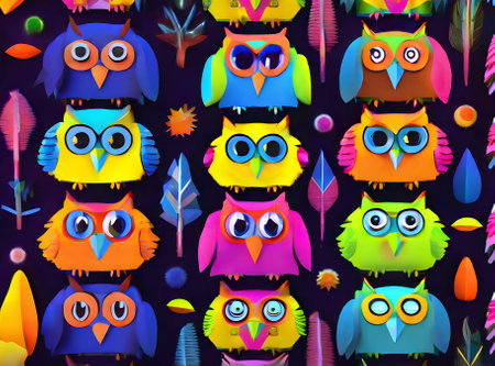 Owls on painted backdrop knolling volumetric vibrant hues. Generative AI Generatedの素材