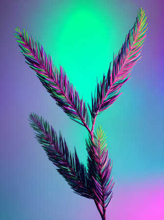 Realistic neon colors on fir branch background Generative AI Generatedの素材