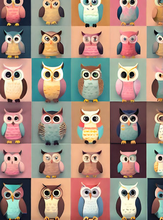 Owls on painted background knolling flat pastel tones. Generative AI Generatedの素材