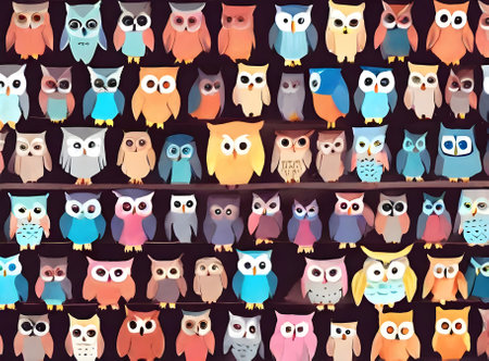 Owls on painted background knolling and Pantone inspired watercolour. Generative AI Generatedの素材