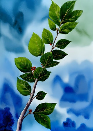 Fir branch on painted backdrop: watercolour duotone hues Generative AI Generatedの素材