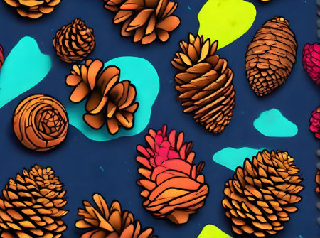 Fir cone background with knolling flat neon colors. Generative AI Generatedの素材