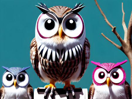 Owls on painted background knolling 3D shadows neutral colors. Generative AI Generatedの素材