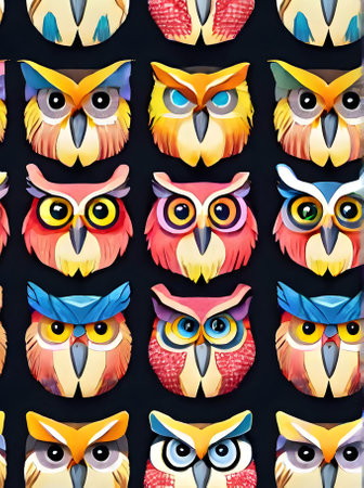 Owls on a painted background knolling watercolour Kodachrome colors Generative AI Generatedの素材
