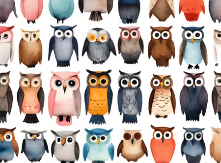 Owls on painted background knolling and Pantone inspired watercolour. Generative AI Generatedの素材