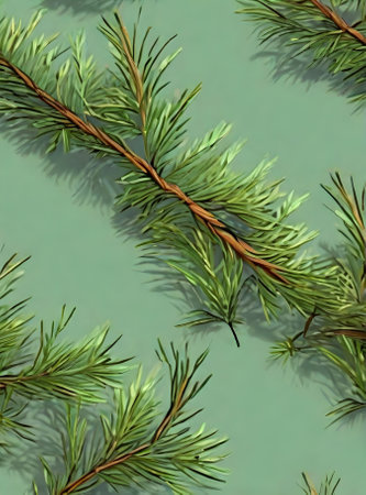 Vintage color palette 3D shadows on fir branch painted background. Generative AI Generatedの素材