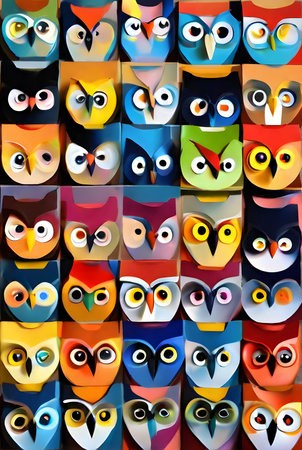 Owls on painted background knolling 3D with Kodachrome colors. Generative AI Generatedの素材