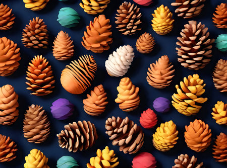 Fir cone painted bg knolling realistic Kodachrome palette. Generative AI Generatedの素材