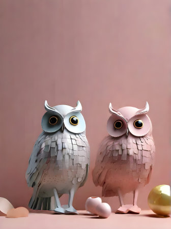 Owls on painted bg knolling 3D w shadows pastel tones Generative AI Generatedの素材