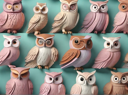 Owls on painted bg knolling 3D w shadows pastel tones Generative AI Generatedの素材
