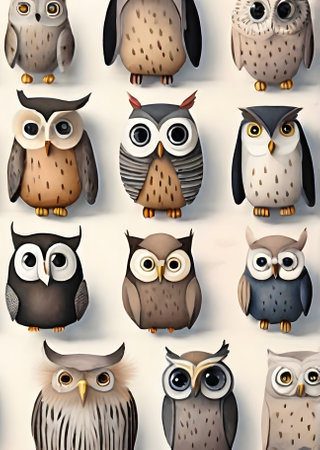 owls on painted background knolling watercolour neutral colors Generative AI Generatedの素材