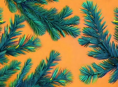 Realistic fir branch on neon color backdrop. Generative AI Generatedの素材