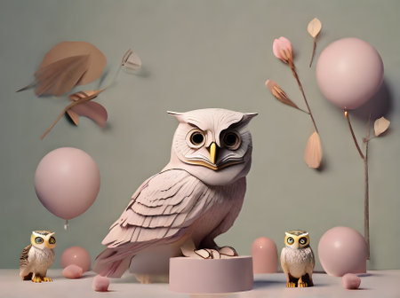 Owls on painted bg knolling 3D w shadows pastel tones Generative AI Generatedの素材
