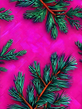 Realistic fir branch on neon color backdrop. Generative AI Generatedの素材