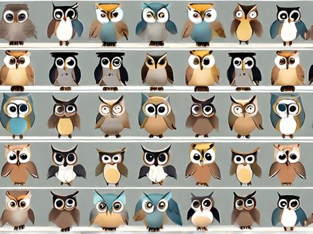 owls on painted background knolling watercolour neutral colors Generative AI Generatedの素材